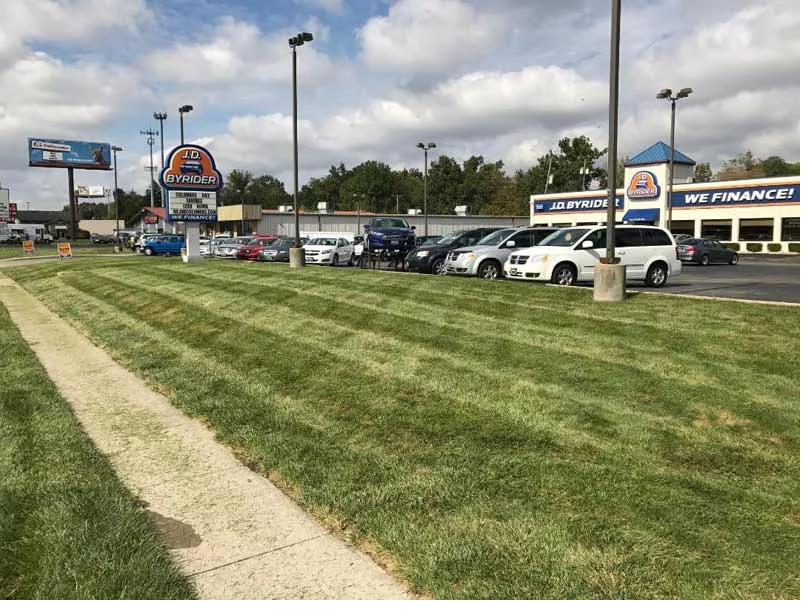 Striped roadside commercial frontage with crew member trimming